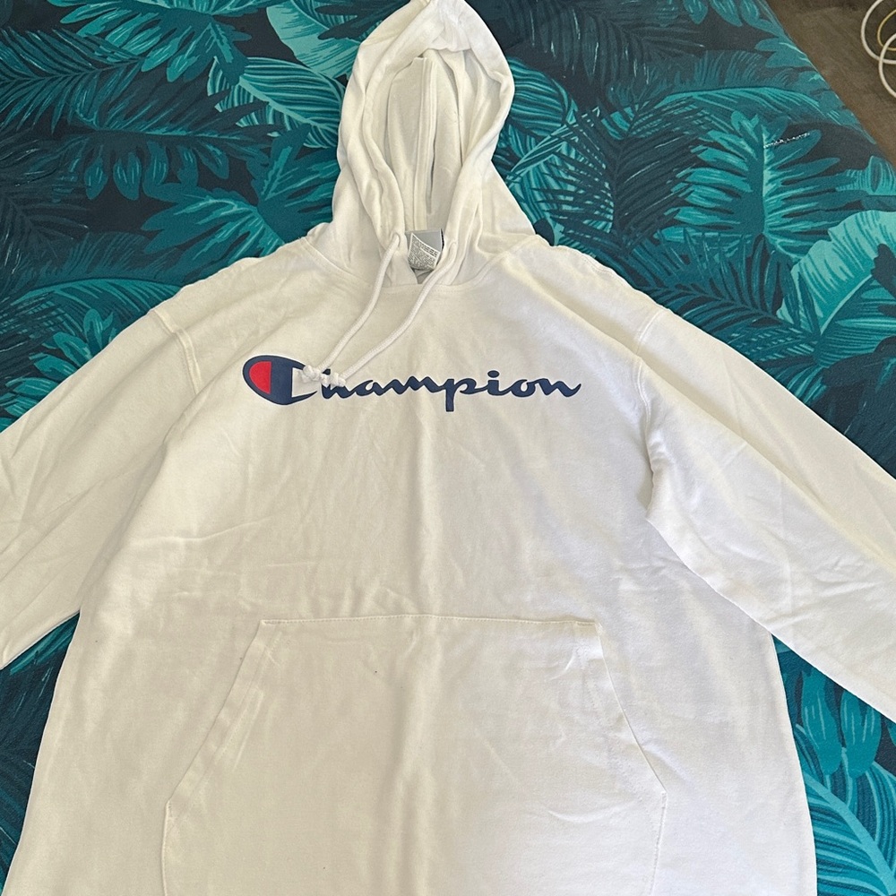 Champion White Hoodie with Blue Logo